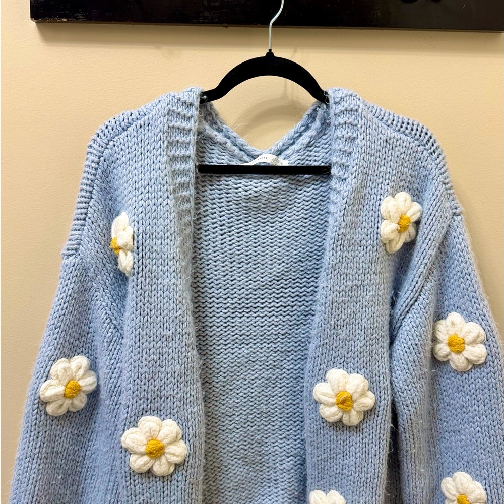 Altar'd State Light Blue Daisy-Appliqué Open-Front Cardigan